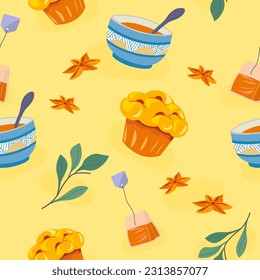 Breakfast or lunch, dessert with tasty tea with anise and cake or muffin. Sweets and delicious break, cafe or restaurant. Seamless pattern or background print wallpaper. Vector in flat style