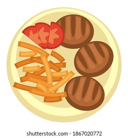 Breakfast of lunch in diner or inexpensive restaurant. Isolated plate with french fries and meatballs with fresh tomato. Fried salty potato sticks and grilled fillet of mutton. Vector in flat style