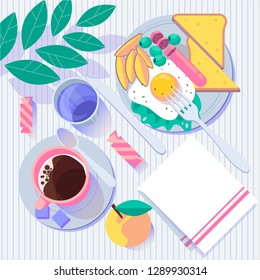 Breakfast lunch dinner fried egg sausage with potato and toasts, candies and coffee tea vector illustration, clip art