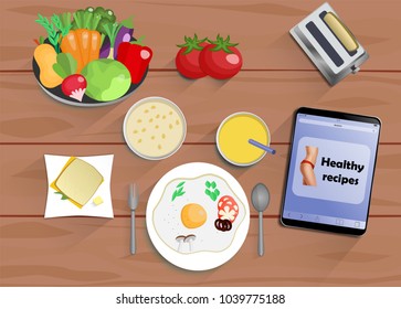 Breakfast (lunch or dinner) fromeggs, juice, a sandwich with cheese, fruit and vegetables - foods for diet and healthy eating. With tablet with text healthy recipes. Flat EPS10 vector with a top view 