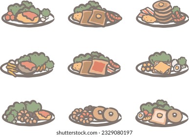 Breakfast lunch dinner plate illustration set