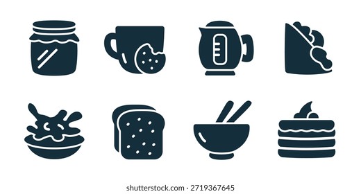 Frühstück und Mittagessen ausgezeichnete Ikonensammlung. Set Kaffeetasse, Toastbrot, Spiegelei, Marmeladenglas, Suppenschüssel, Pfannkuchenstapel, Küchenkocher, Speisesymbole