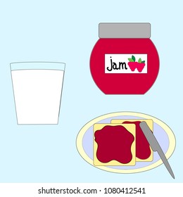 breakfast or lunch with jam and milk. breakfast time