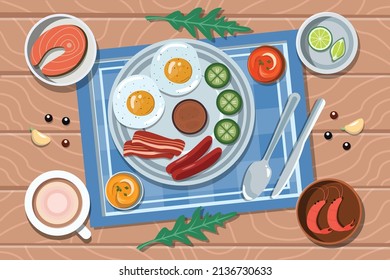 Ilustración de platos de desayuno y almuerzo