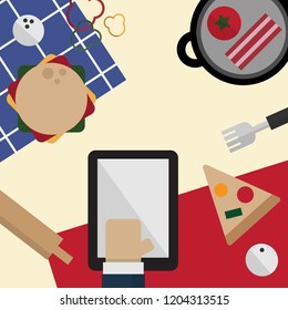 Breakfast and lunch time with fresh foods, hamburger, pizza and bacon on kitchen table with tablet, smartphone top view in flat style vector illustration.
