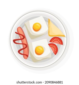 Breakfast or lunch top view. Delicious, healthy food on porcelain dish. Classic hearty breakfast. Nicely served food on white plate