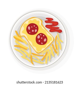 Frühstück oder Mittagessen, Draufsicht. Köstliche, gesunde Speisen auf Porzellangeschirr. Klassisches herzhaftes Frühstück. Frisch servierte Speisen auf weißem Teller