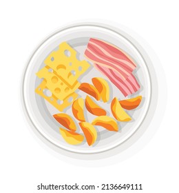 Breakfast or lunch top view. Delicious, healthy food on porcelain dish. Classic hearty breakfast. Nicely served food on white plate