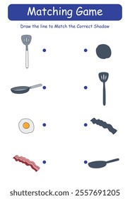 Breakfast matching shadow game for children in a flat color cartoon style concept, vector