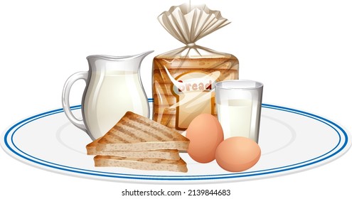 Breakfast meal with bread and milk illustration