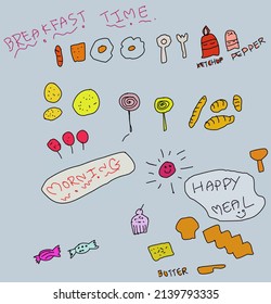 Frühstücksmahl in Cartoon-Charakter, auf pastellfarbenem Hintergrund
