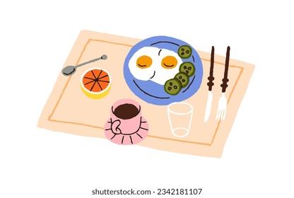 Desayuno, plato. Huevos fritos servidos con verduras, taza de café, fruta. Almuerzo saludable, brunch, comida tradicional sabrosa por la mañana y té. Ilustración vectorial plana aislada en fondo blanco