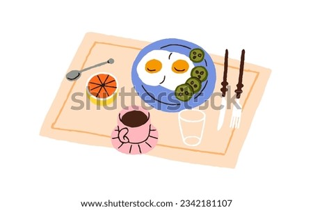 Breakfast meal, dish. Fried eggs served with vegetables, coffee cup, fruit. Healthy lunch, brunch, traditional tasty morning food and tea. Flat vector illustration isolated on white background