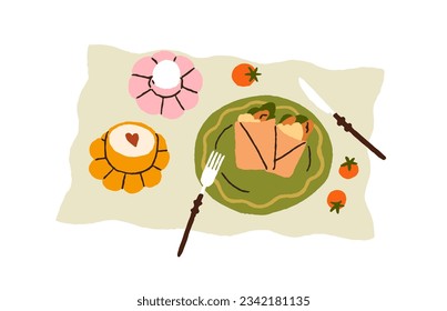 Breakfast meal, dish. Wraps served on plate, boiled egg in holder, coffee cup. Healthy balanced food, snack with vegetables and cappucino. Flat vector illustration isolated on white background