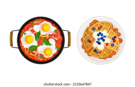 Breakfast meal dishes set. Fried eggs and Belgian waffles served on plates vector illustration