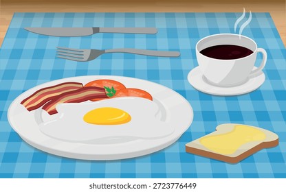 Ilustração de refeição de café da manhã - Ovo frito, fatias de bacon e tomate em um prato branco servido com torrada de manteiga e uma xícara de café em uma toalha de mesa xadrez azul.