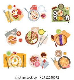 Breakfast meal. Morning tasty healthy food types, avocado toasts, americano coffee and doughnuts, pancakes with bacon, eggs and sandwich, oatmeal and croissants top view. Vector trendy cartoon set