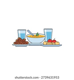 Breakfast meal with oatmeal fruit dates and glasses of water on a tray simple digital illustration soft colors and clean design