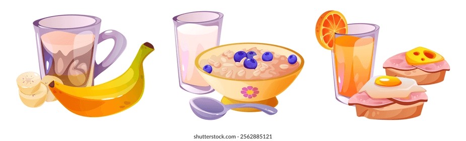 Breakfast meal set with morning combinations. Nutritious hot cocoa and banana fruit, blueberry granola in yellow bowl with milk glass, orange juice and sandwiches with fried eggs, ham and cheese.