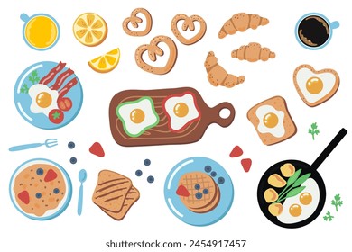 Breakfast meal set. Vector collection of food icons: egg, coffee, toast, orange juice, bacon, pancake, fruit, croissant.