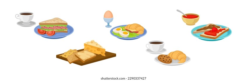 Breakfast Meal and Tasty Served Morning Food and Drinks Vector Set