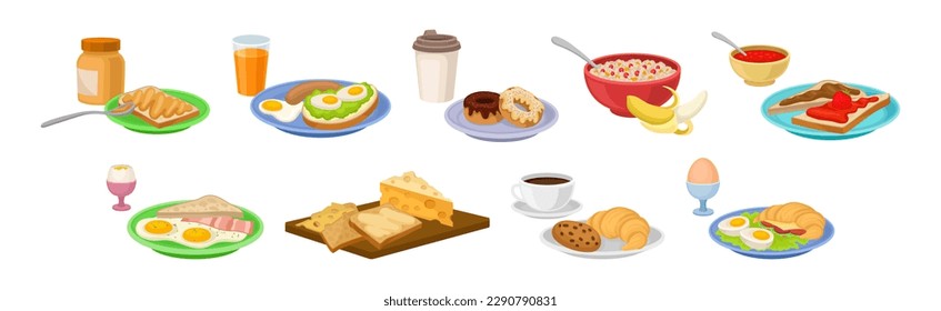 Breakfast Meal and Tasty Served Morning Food and Drinks Vector Set