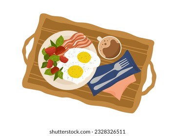 Breakfast meal top view concept. Plate with scrambled eggs and vegetables near mug of hot coffee or tea. Healthy and traditional food. Cartoon flat vector illustration isolated on white background