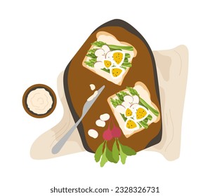 Breakfast meal top view concept. Toast and sandwiches with vegetables on cutting board. Sticker for social networks and messengers. Cartoon flat vector illustration isolated on white background