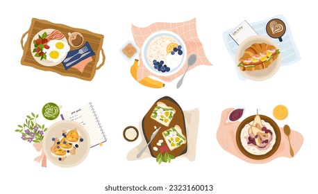 Breakfast meal top view set. Milk porridge with fruits and berries. Fried eggs with meat and vegetables, bacon, toast with salad. Cartoon flat vector collection isolated on white background