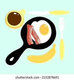 Frühstück, Vektorgrafik. Bratpfanne mit Ei und Speck. Tasse Kaffee, Messer, Gabel, Banane. Flaches Essen.