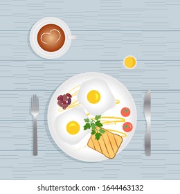 Breakfast meals and healthy morning food - fried eggs, toast, vegetables, tomatoes, beans, parsley and sauce. Coffee latte with heart pattern.Realistic vector illustration for restaurant advertisement