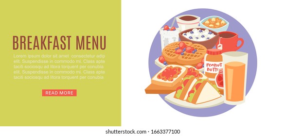Breakfast menu american web banner with bread and butter, coffee, orange juice, pearnut butter, oatmeal vector illustration. Breakfast hotel, cafe or restaurant webpage.