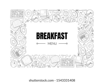 Breakfast Menu Banner Template, Morning Food Dishes Frame Vintage Hand Drawn Vector Illustration