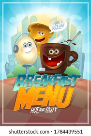 Breakfast menu card design template with funny food personages - egg, toast and cup of coffee