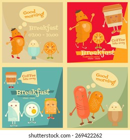 Breakfast Menu Cartoon Set - Funny Food. Vector Illustration.