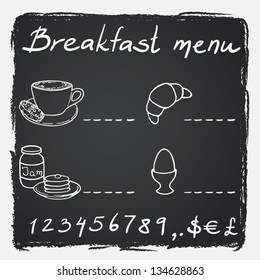 Breakfast menu with coffee cup, croissant, boiled egg, jam and pancakes on chalkboard background. Vector illustration.