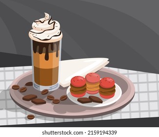 Breakfast menu with coffee and macaroons. Vector illustration.