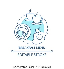 Breakfast menu concept icon. Morning tasty food offers. Limited lite meals . Day starters menu idea thin line illustration. Vector isolated outline RGB color drawing. Editable stroke