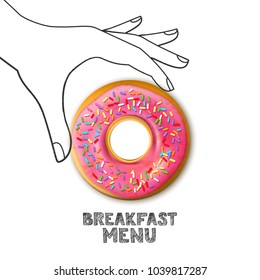 Breakfast menu concept. Tasty pink glazed donut in hand drawn watercolor human hand isolated on white background. Vector food illustration. Bakery or cafe design.