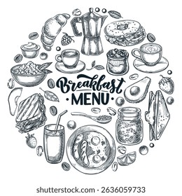 Breakfast menu concept. Vector hand drawn sketch illustration of morning meal isolated on white background. Coffee, croissant, sandwiches, juice and eggs banner, poster design template