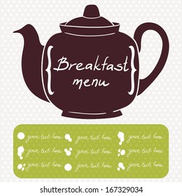 Breakfast menu cover template for cafe, coffee shop or restaurant. Hand drawn classic tea pot silhouette with text box on polka dot background.