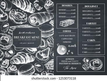 El diseño de la carta del desayuno. Exposiciones de postres y pasteles dibujados a mano. Dibujos de comida rápida grabados.  Plantilla vectorial para diseño de café o panadería. Plantilla de cosecha en pizarra