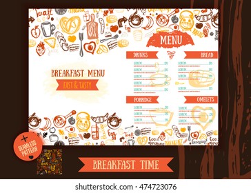 Breakfast menu design template. Modern hand-drawn sketch with lettering with Bread, cake, tea, eggs. Food design template with seamless pattern.