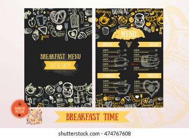 Breakfast menu design template. Modern hand-drawn sketch with lettering with Bread, cake, tea, eggs. Food design template with seamless pattern.