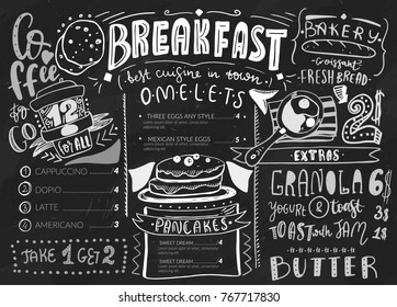 Breakfast menu design template. Modern lettering with sketch icons of food on chalkboard background. Restaurant, cafe identity template.