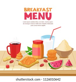 Breakfast menu design, vector cartoon style illustration. Peanut butter sandwich, tea, coffee mug, milk, oatmeal on wooden table. Food background.