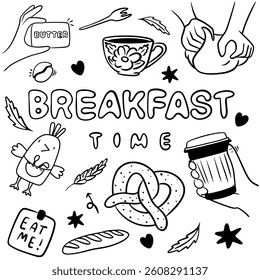 Breakfast menu, doodle elements with butter. Black color. Vector illustration. Food and drink line art sketch.	