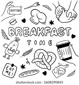 Breakfast menu, doodle elements with coffee. Black color. Vector illustration. Food and drink line art sketch.	