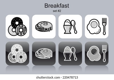 Breakfast menu food and drink icons. Set of editable vector monochrome illustrations.