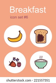 Breakfast menu food and drink icons. Set of editable vector color illustrations.